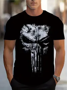 Men's Black Skull Print T-Shirt Lightweight Durable Unique White Skull Design Geometric Patterns Casual Activities Parties Restaurant Wear Comfortable Fit Ideal for Menswear Top Streetwear - Tshirt, Tropical