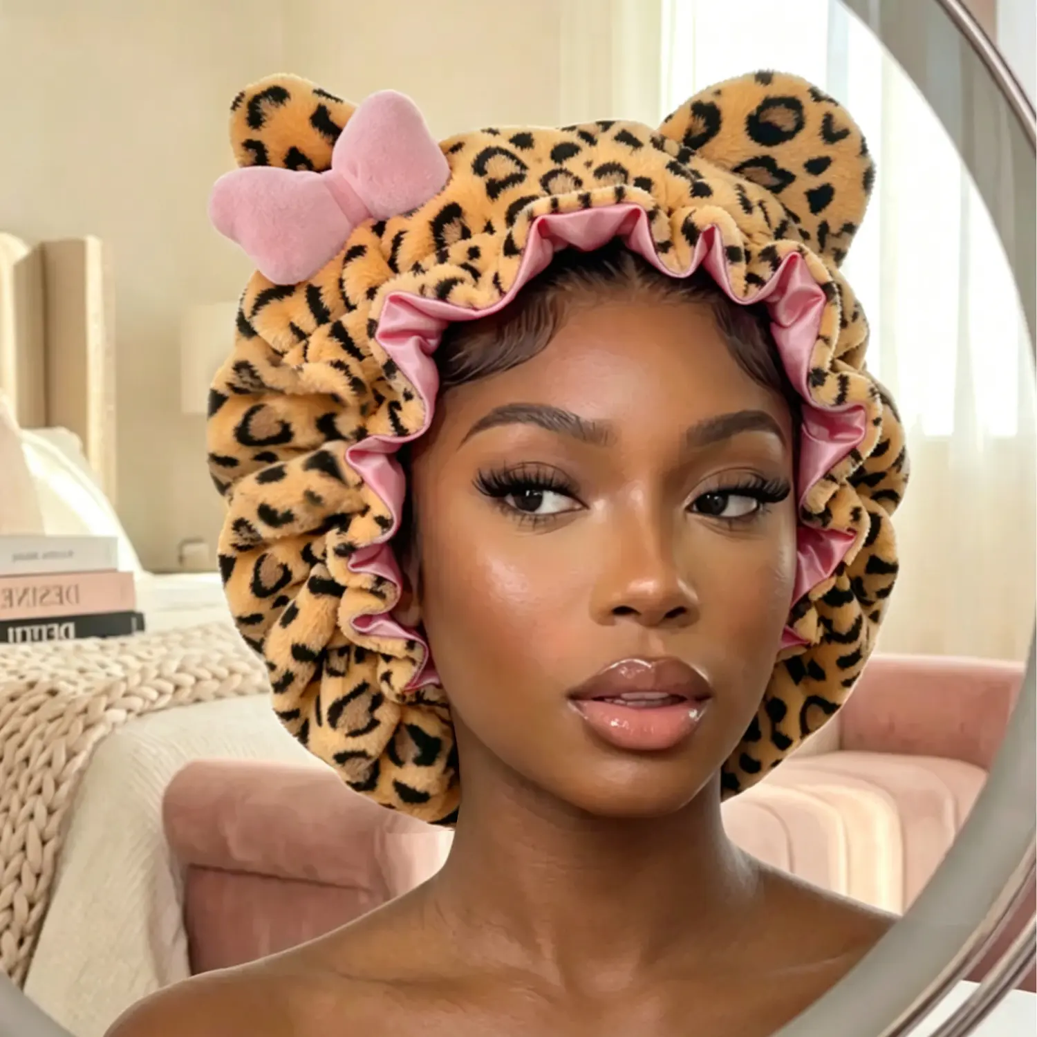 Luxury Kitty Teddy Bonnet -Adjustable,Hair Bonnet Comfortable Stylish,Daily Hair Care and Protection with SatinLining & Cute Ears,No Frizz All ComfortStylish Curl Protection for Daily Hair Care Durable Halloween