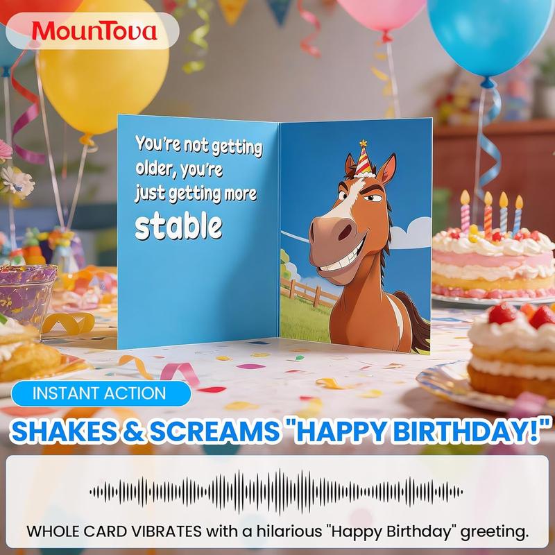 Funny SHAKING & MUSICAL Birthday Cards for Women Men, Hilarious Horse-Themed Pop Up Bday Card with Envelope & Note Card for Friends Coworkers, 5.9 x 7.9 Inches