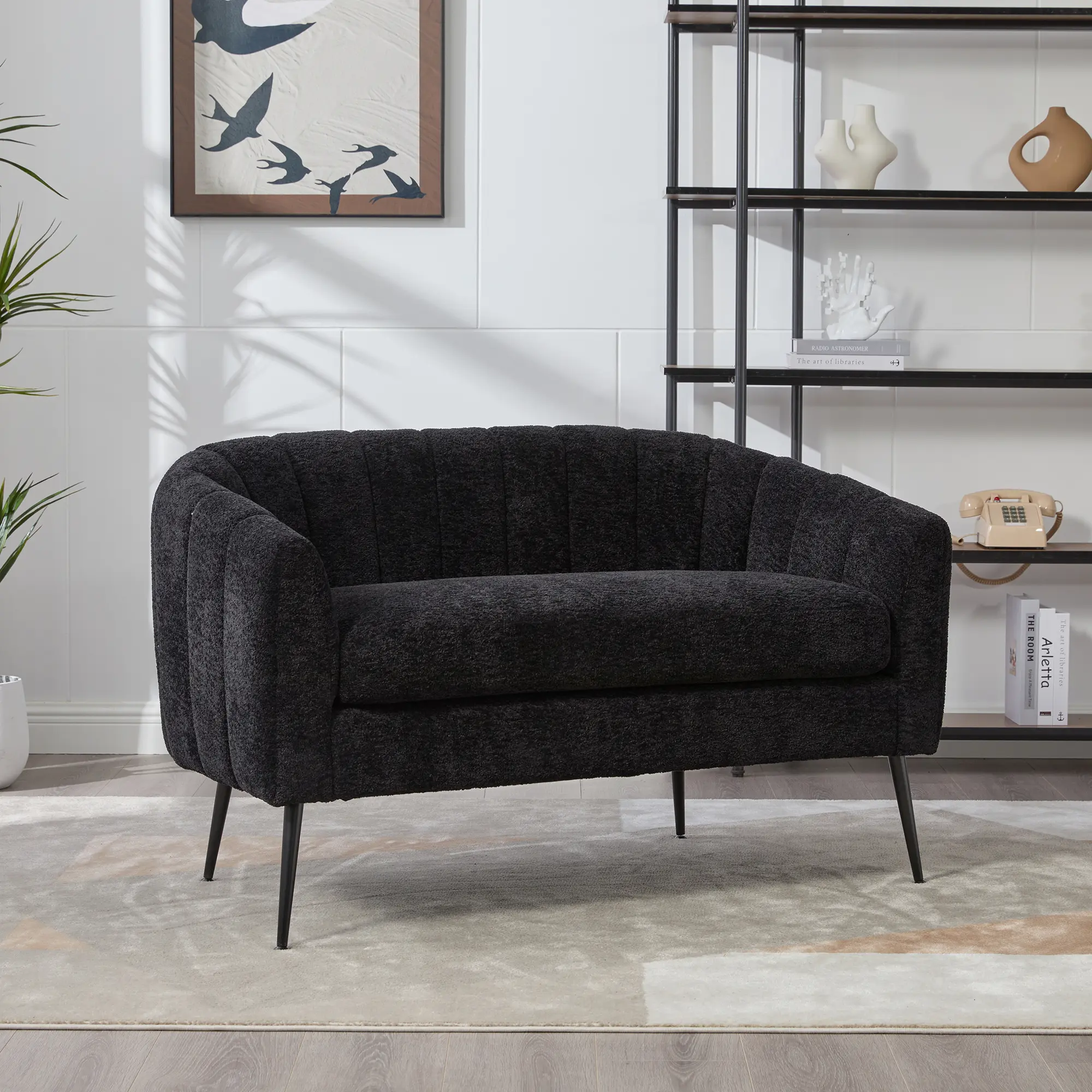 Upholstered Chenille Mini Loveseat Accent Couch, Modern Glam Small Settee with Metal Legs, Channel Tufted 2-Seater Sofa for Living Room Bedroom Dorm Studio Office Small Spaces, Black
