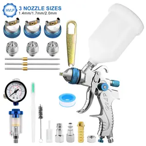 2008 Blue HVLP Plastic Air Spray Gun Set, suitable for automotive primer and topcoat, garden fences, furniture painting, and automotive repair painting. High-Pressure Aluminum Kit budget paint lvl ppaint mode Sprayer Adjustable Nozzles pulver regulator