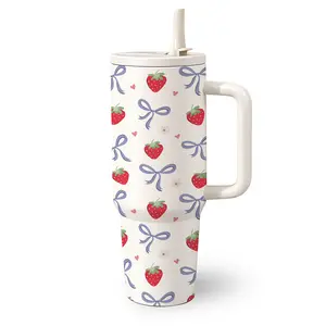 1 Pc 40 Oz Stainless Steel Water Cup with Handle and Foldable Straw, Blue Bow and Strawberry Cute Pattern Design, Double Wall Insulated Thermal Mug, Hot 6H/Cold 12H, Girl Style Hydration Tumbler, Mother's Day Gift, Birthday Gift for Girlfriend and Family.