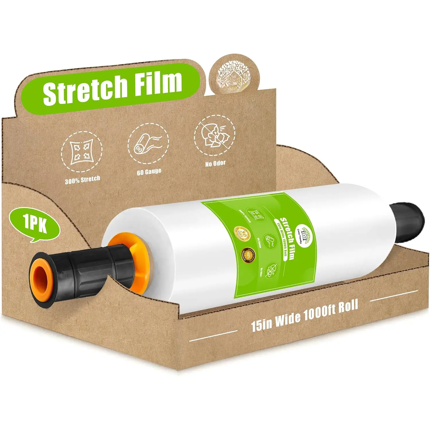 Plastic Wrap Stretch Film Roll - 1000ft 60 Gauge Industrial Strength 15 inch Wide Clear Plastic Wrap Roll with Handles for Pallet Wrapping Shipping Moving - Clear, Pack of 1