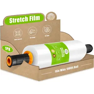 Plastic Wrap Stretch Film Roll - 1000ft 60 Gauge Industrial Strength 15 inch Wide Clear Plastic Wrap Roll with Handles for Pallet Wrapping Shipping Moving - Clear, Pack of 1