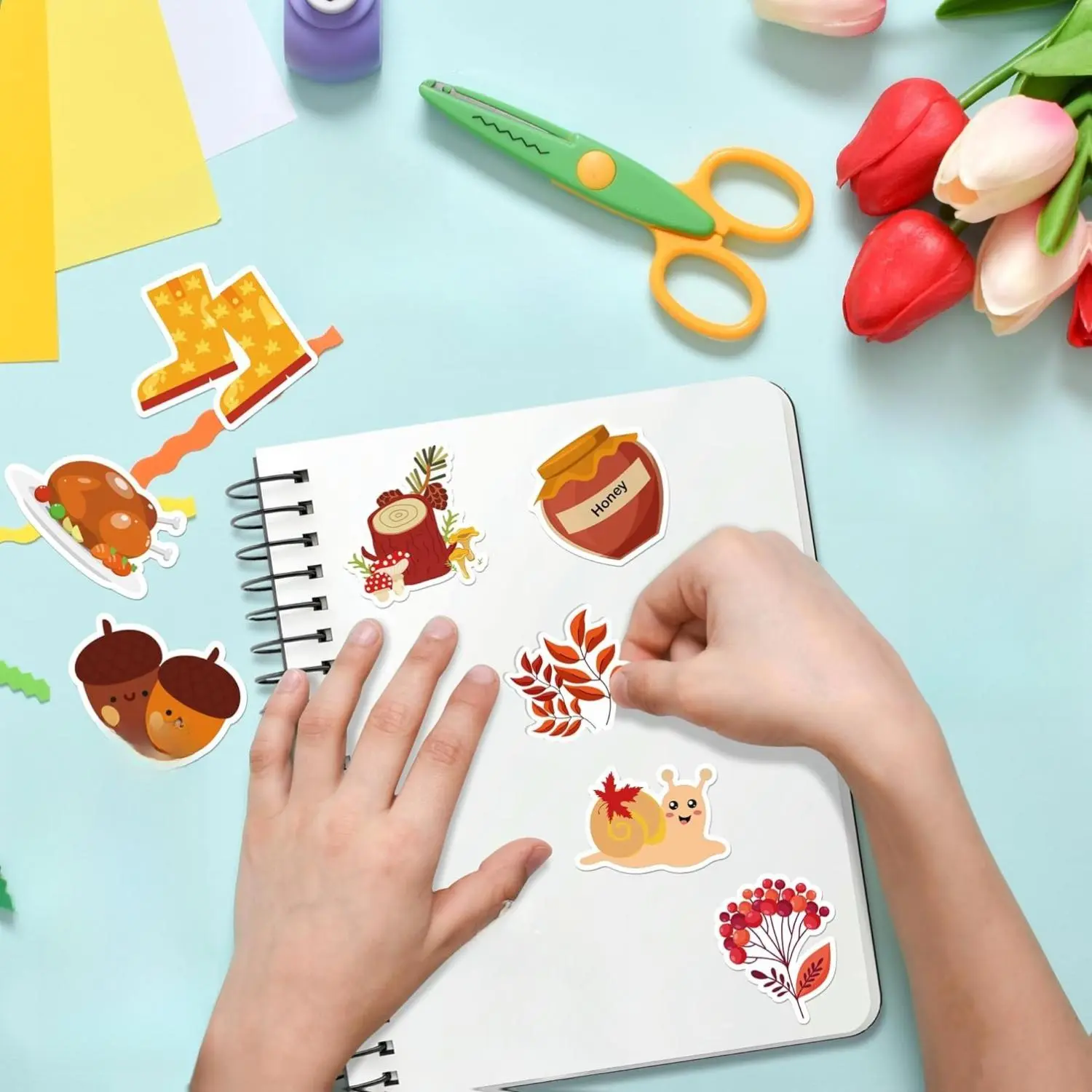 100 PCS Vibrant Fall Thanksgiving Vinyl Stickers Scrapbooking Set for Kids, 2-2.4 in, Autumn Leaves & Flowers, Durable Waterproof, Easy-Peel Adhesive, Residue-Free Repositioning, Family DIY Crafts Bulk