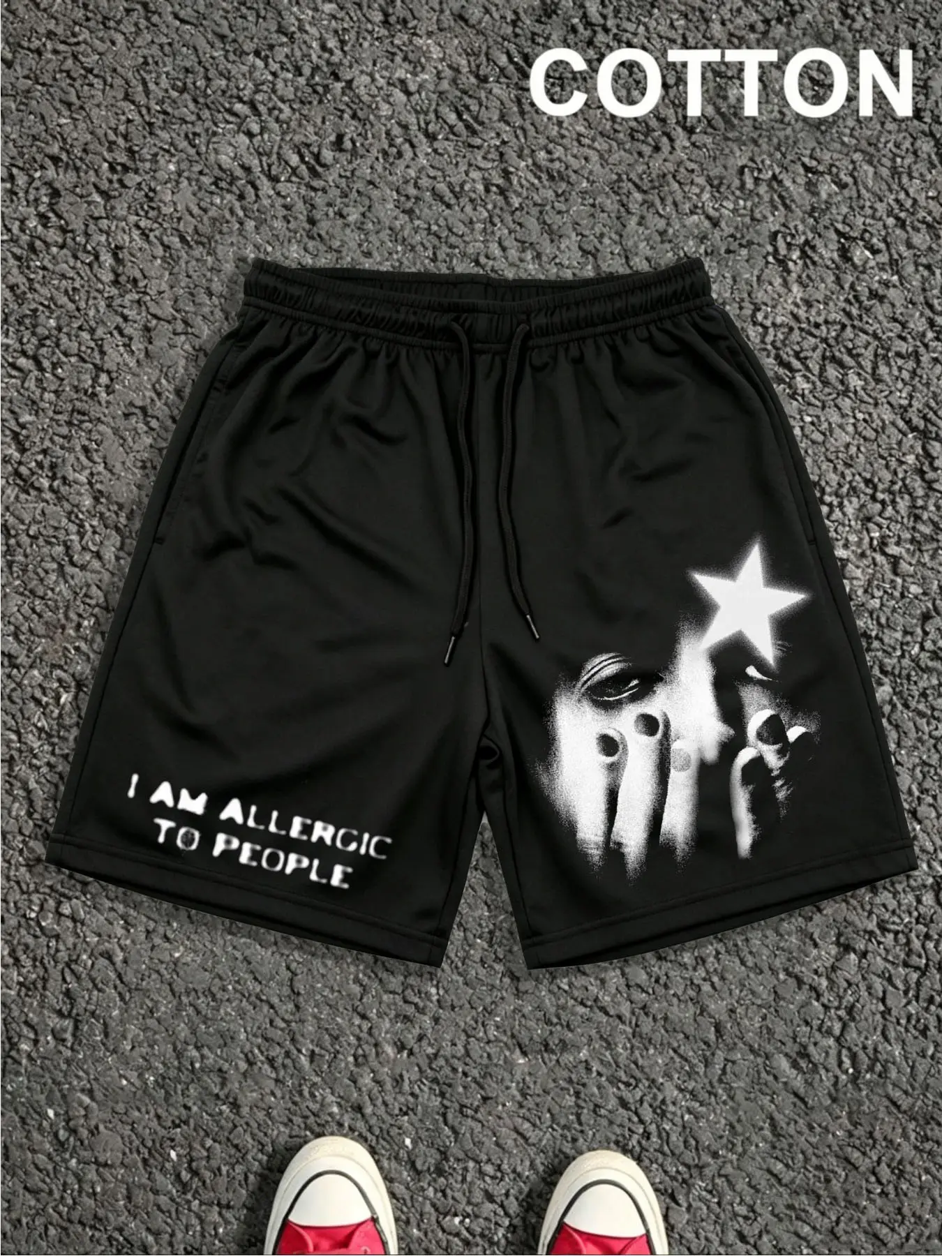 1 PCS I Am Allergic To People Star Face Portrait Grunge Halftone Graphic Print, Dark Indie Aesthetic Streetwear Bottoms, Breathable Unisex Shorts For Introverts Summer Gym Daily Outfit