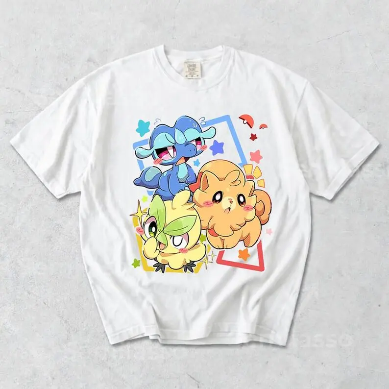 Cute Pokemon Graphic T-Shirt Chibi Starters Anime Tee Kawaii Aesthetic Oversized White Top Merch Vintage Anime Graphic T-Shirt, Pastel Gamer Gift, Gamer Gift