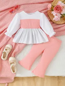 Girls' Patchwork Set, Sweet Elegant Design, Ruffled Top & Flared Pants, Casual Spring & Fall Wear, Daily Outdoor & Party, Baby Girl Clothes