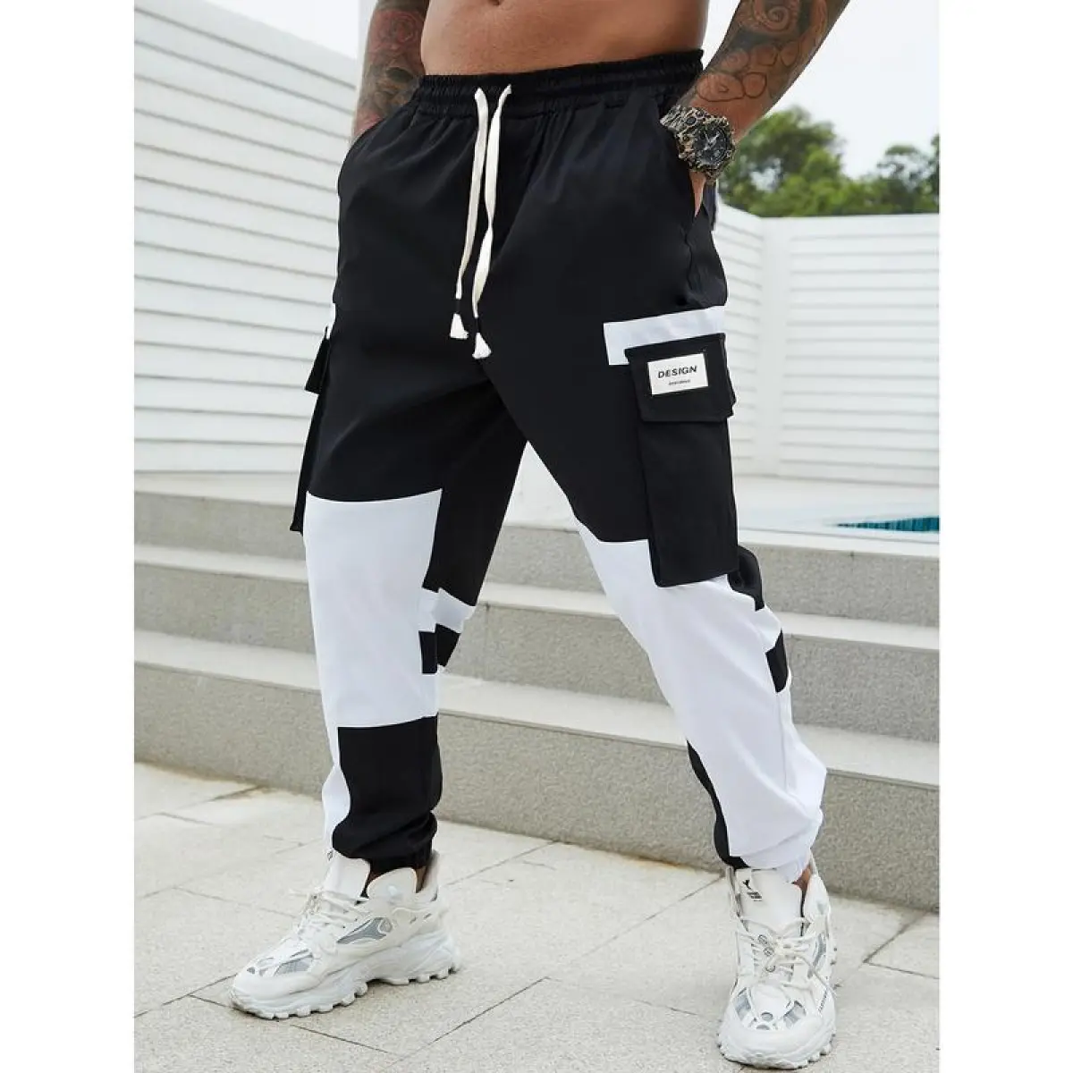 1 Pc Men's Casual -Block Cargo Joggers, High Street Patchwork Hiking Pants, Loose Fit Polyester Outdoor Sports Fisherman Trousers with Drawstring, Active Lifestyle, Breathable, ComfortWear, EverydayLook, EverydayWear