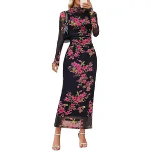 MEROKEETY Women's Long Sleeve Fall Wedding Guest Dress 2025 Bodycon Floral Mesh Ruched Cocktail Maxi Dresses