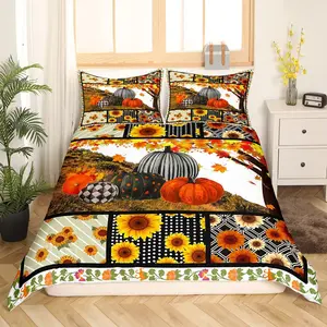 Halloween Bedding Duvet Cover,Fall Pumpkin Sunflower Bedding Set,Geometric Plaid Decor Comforter Cover,Maple Leaves Bedspread Cover