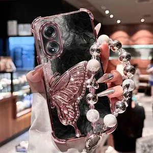 Ink Rose Butterfly 3D Bling Beaded Chain Phone Case for Oppo A58 4G/A60 4G/A78 4G