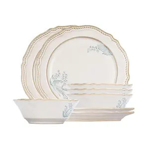 MONAZONE 8-Piece Dinnerware Set - Lily Bloom Series, Service for 4, Includes 6'' Bowls & 10'' Plates, Retro Vintage Floral Style, Microwave & Dishwasher Safe