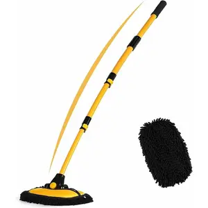 15°Curved Car Wash Brush with Long Handle 43" Extension Pole RV Truck Microfiber Cleaning Mop Auto SUV Wheel Boat Exterior Interior Detailing 2 in 1 Carwash Duster Not Hurt Paint Scratch Free