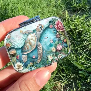 Boho Sea Turtle Floral Pill Case with Mirror, Double Compartment Plastic Organizer, Portable Travel Pill Box for Women & Nature Lovers, Vitamin Organizer, Supplement Organizer
