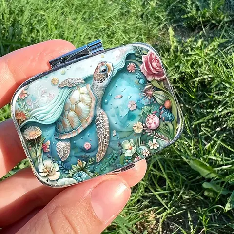 Boho Sea Turtle Floral Pill Case with Mirror, Double Compartment Plastic Organizer, Portable Travel Pill Box for Women & Nature Lovers, Vitamin Dispenser, Vitamin Organizer, Supplement Organizer