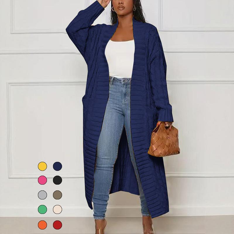 Women's Solid Color Textured Drop Shoulder Pocket Longline Cardigan, Casual Open Front Long Sleeve Knitwear for Fall & Winter, Women's Knit Clothing for Daily Wear, Lady Baggy Cardigans for Women, Womenswear, Casual Knit Top