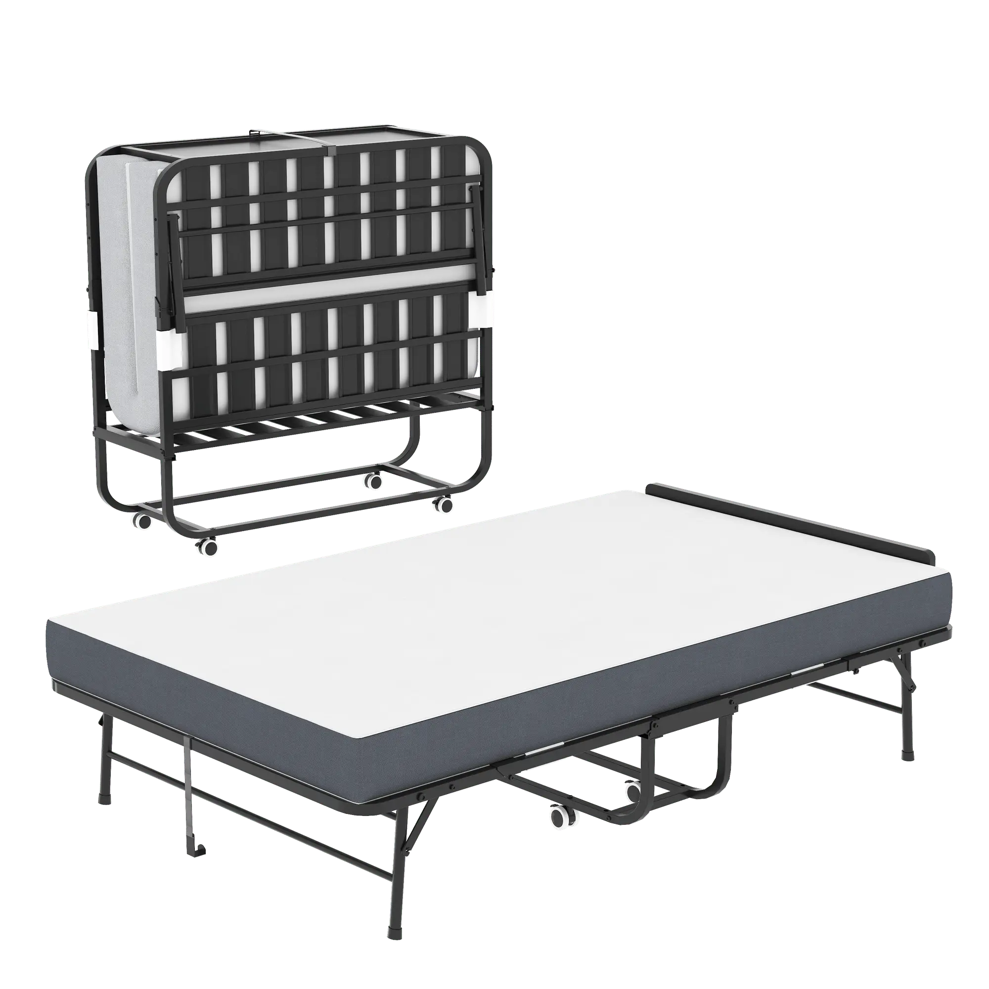 75"x46" Sturdy Folding Bed with Adjustable Headboard, 5" Memory Foam Mattress, Heavy-Duty Twin Cot on Wheels for Tall People, Extra Long Rollaway Guest Bed, Sturdy Beds
