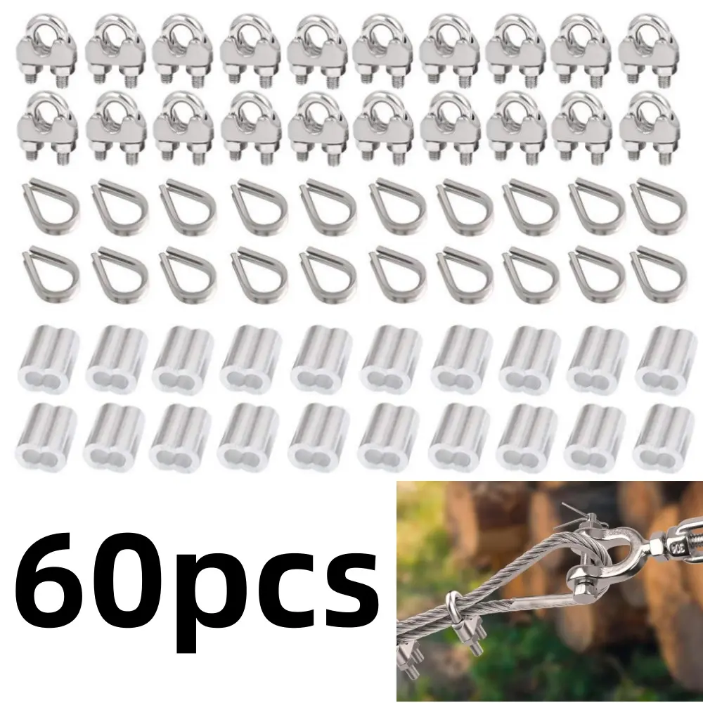 60-Pcs Heavy-Duty Stainless Steel Cable Clamps Kit, Including Wire Rope Clip, Aluminum Crimp Loop Sleeve & Fixing System for Deck Railing, Clotheslines
