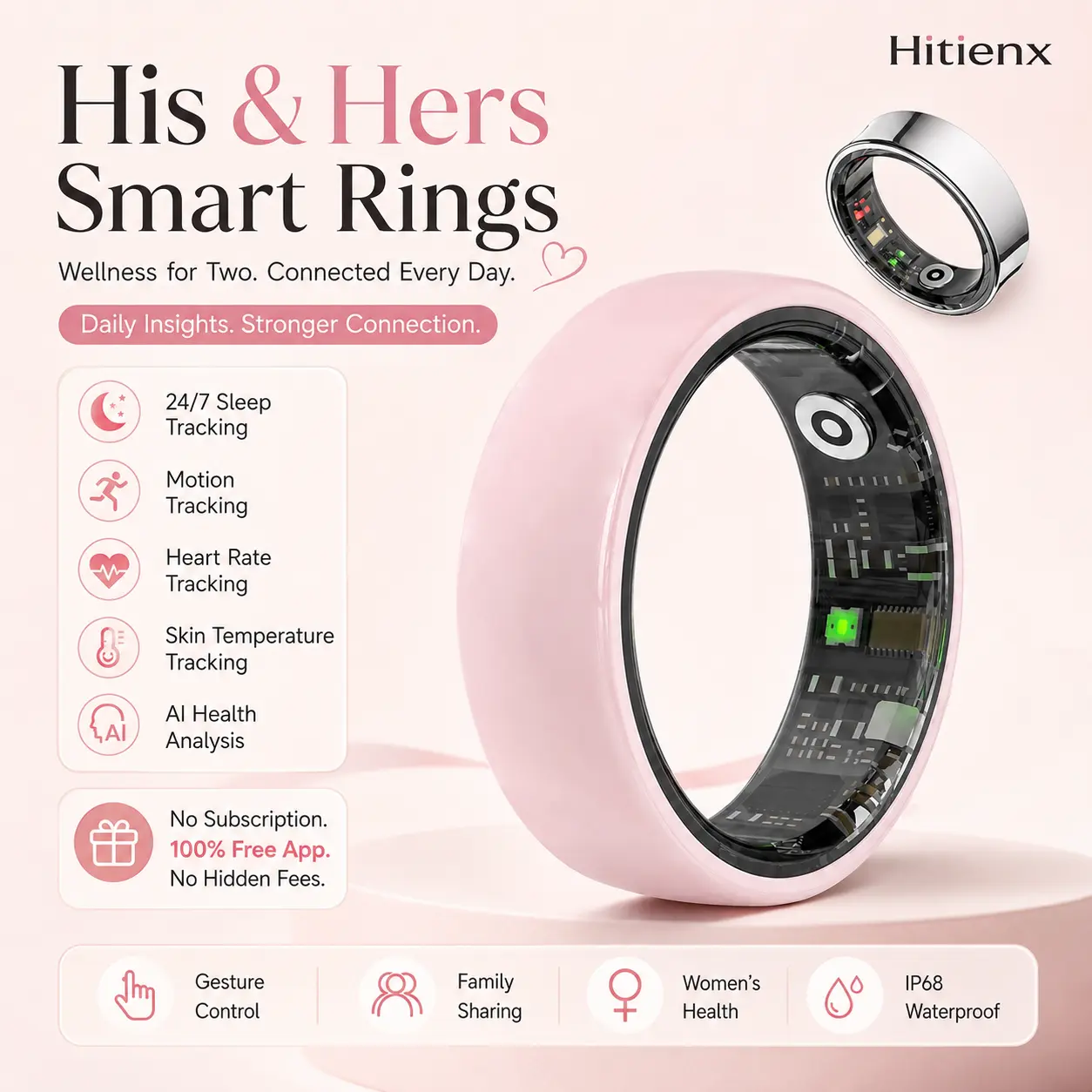 Hitienx Couples Smart Ring - Wearable Device, iOS/Android Compatible, Bluetooth, 24H Sleep Tracking, Heart Rate, HRV, Blood Oxygen, Temperature, Mood Monitor, Pedometer, 5-Day Battery, IP68 Waterproof, Summer Gift, Fitness Tracker