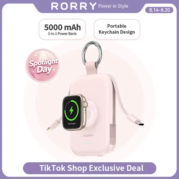 #TikTokShopBackToSchool RORRY CharmGo 5000mAh Portable Charger Power Bank with Built-in Cables Travel Keychain Battery Pack for Apple Watch iPhone AirPods Compact & Travel-Friendly Gift Ideas