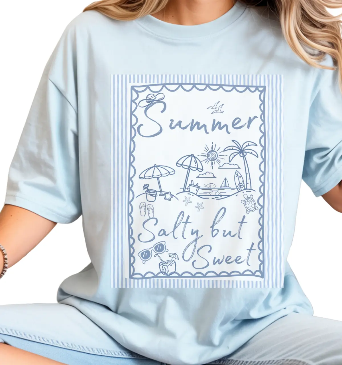 Women's Short-Sleeve Beach T-Shirt - Soft Garment-Dyed Cotton Fabric, Baggy Oversize Loose Casual Relaxed Fit Top with Striped Doodle Print, Shortsleeve, Tshirt, Bikini, Clothes, Tee, Lightweight, Piece, Crew Neck, Oversized, Ring-Spun Cotton, Stripes, Un