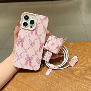 Bowknot iPhone Case Set, Includes Charger Cover & Cable Protector, Anti-Drop Tpu Shell, Fits iPhone 6-16 Pro Max, Perfect Gift