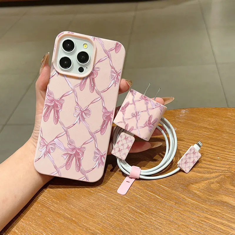 Bowknot iPhone Case Set, Includes Charger Cover & Cable Protector, Anti-Drop Tpu Shell, Fits iPhone 6-16 Pro Max, Perfect Gift