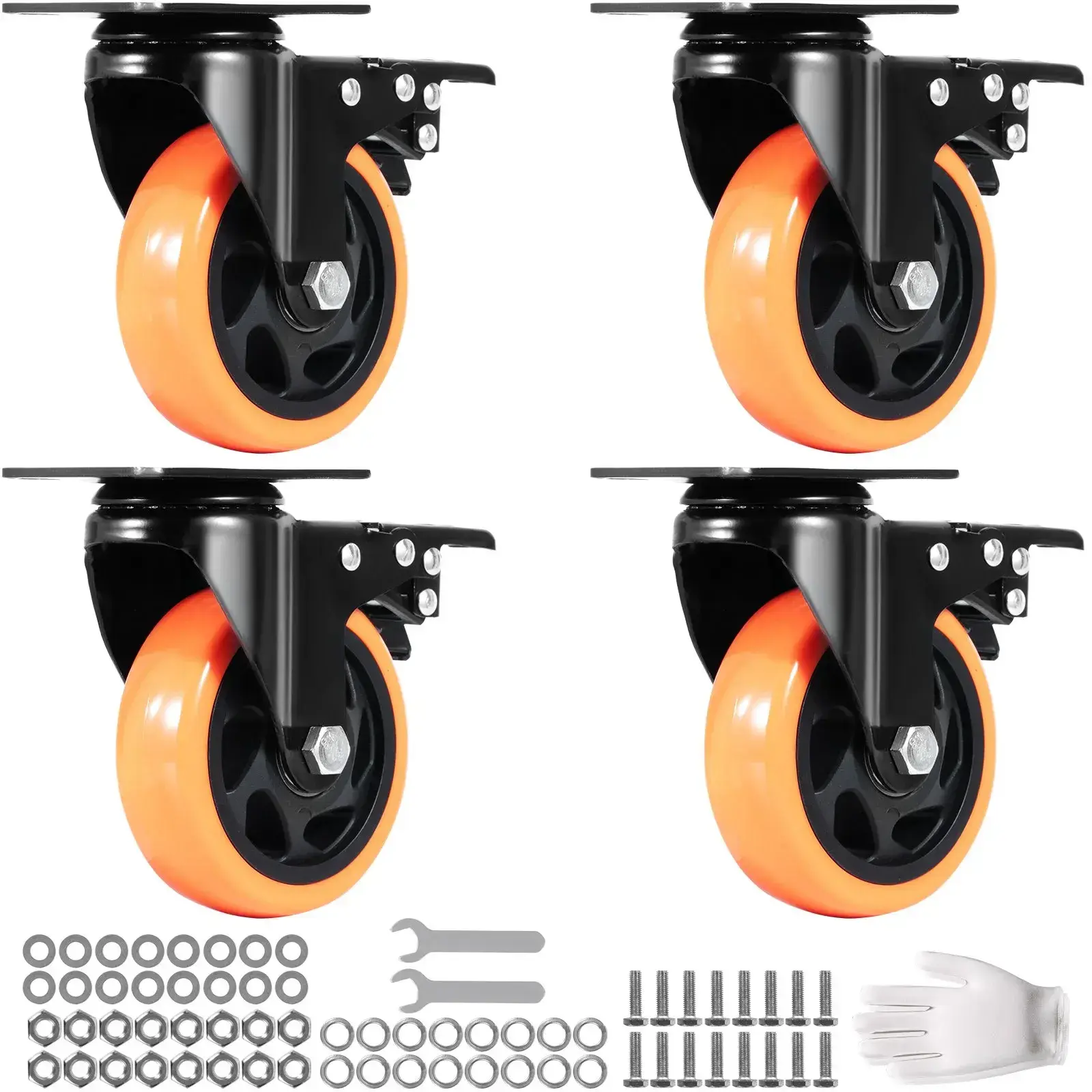 4 Inch Swivel Plate Caster Wheels, Set of 4 Heavy-Duty PVC Casters with A/B Security Lock, 350LBS Per Wheel Load Capacity, 1400LBS Total Weight Bearing, Dual Ball Bearing Silent Non-Marking Wheels for Cart, Furniture & Workbench
