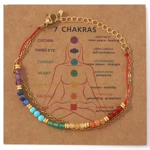 VEVE 7-Chakra Double-Layer Colorful Stone Bracelet (Red String & Gold Chain) - Adjustable Extender Chakra Healing Energy Spiritual Vibe Everyday Wear Bracelet