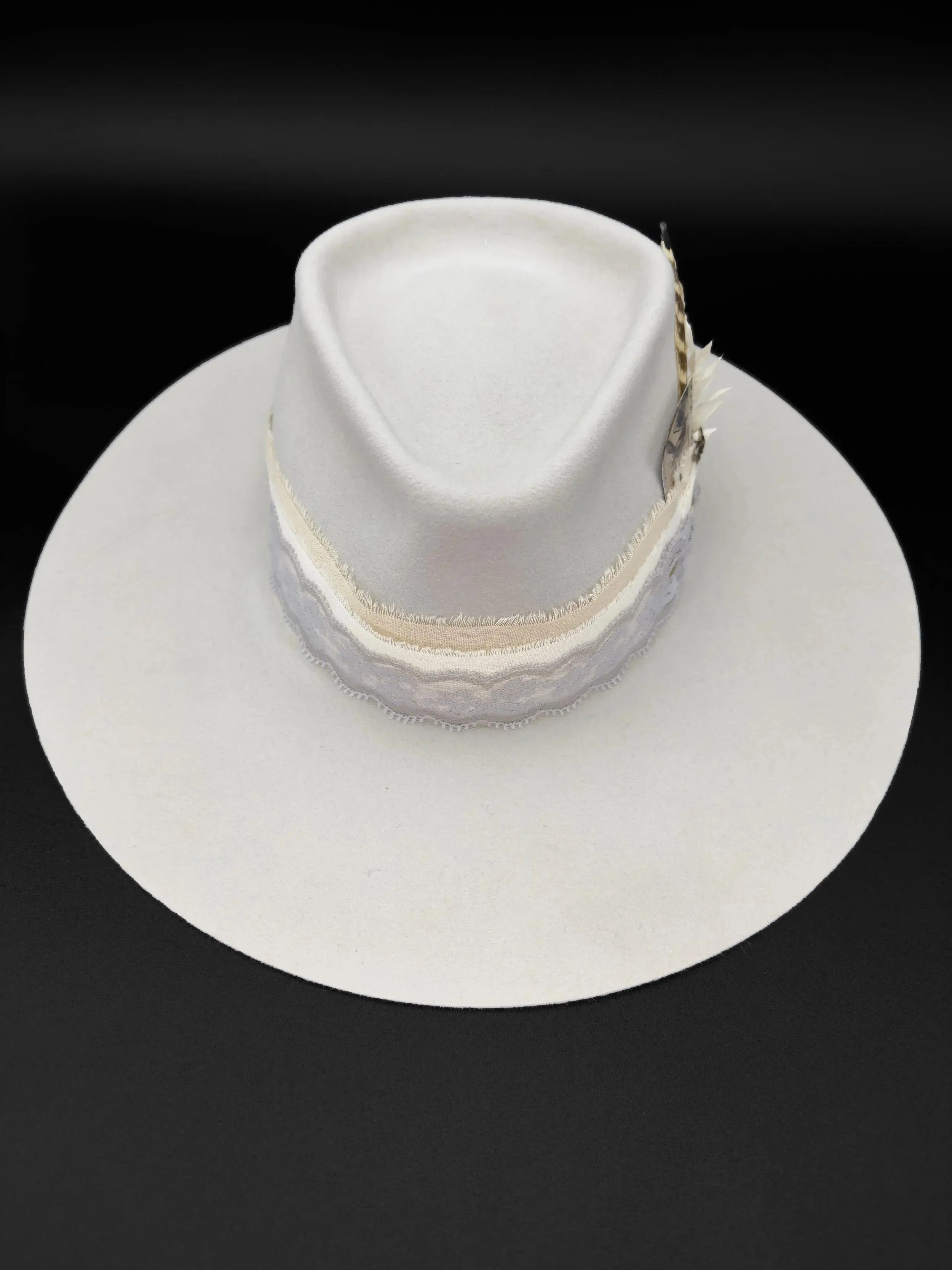 Charleston Girl Felt Hat with Brass Dragonfly Charm Pheasant Feather Chiffon Bands & Lace Band Silverbelly Size 7 1/4 Handmade