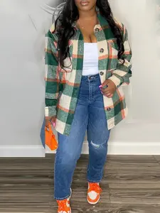 Motionkiller Plaid Shirt Jacket Casual Comfort Outerwear for Women - Fashion with Spread Collar Long Sleeves Button Front - Womenswear