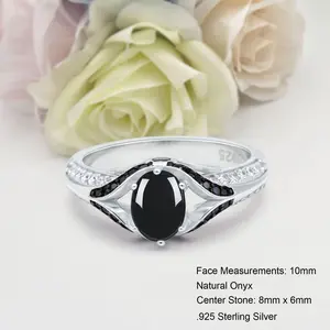 Two Tone Split Shank 1.21 Carat Natural Black Onyx Bridal Band Women Wedding Engagement oval Shape Ring 925 Sterling Silver 10mm