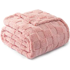 Queen Size Flannel Fleece, Super 3D Checkered Jacquard Bed, Fluffy Lightweight for All Seasons, 90x90 Inches, Pink