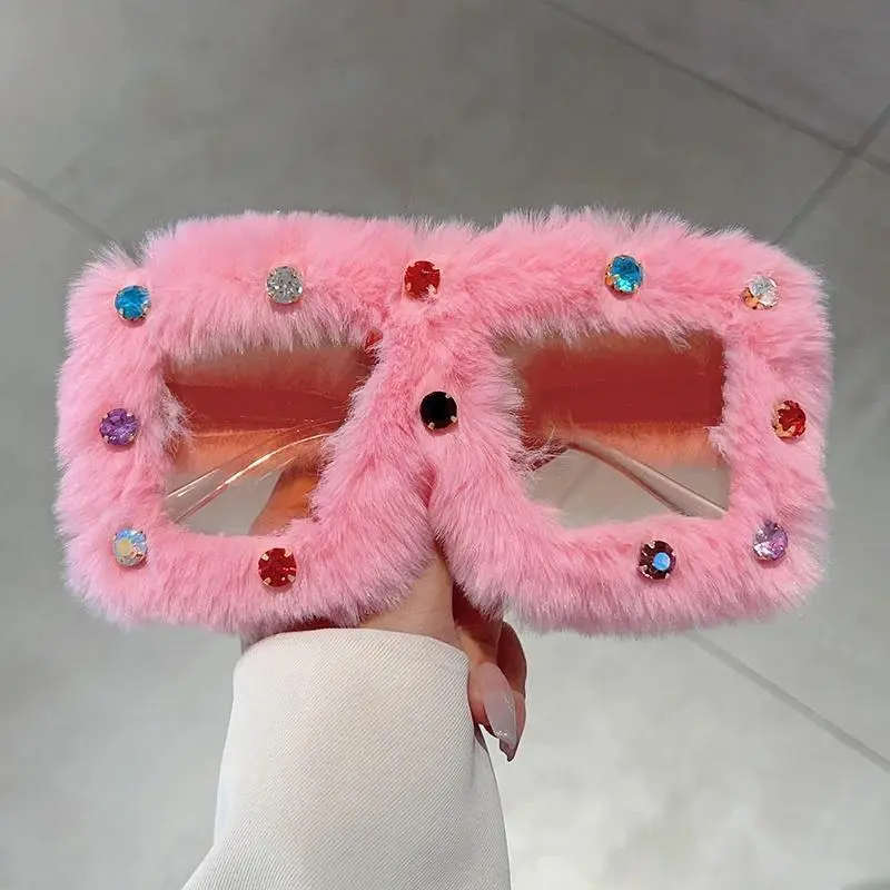 KAMMPT Square Furry Sunglasses with Rhinestones Women Fashion Oversized Winter Shades Trendy Stylish Original Design Sun Glasses