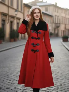 RETRO STAGE Women's 1950s Vintage-Inspired Chic Elegant Red and Black Fur Collar Longsleeve Jacket - Lady's Outerwear Clothes, Women's Tops & Coats