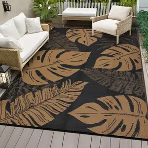 Waterproof Outdoor Rug  Reversible Mats Modern Leaf Outdoor Patio Rug Outdoor Plastic Straw Rug for RV Camping Picnic Reversible Lightweight Plastic Straw Outside Rug, Black Brown