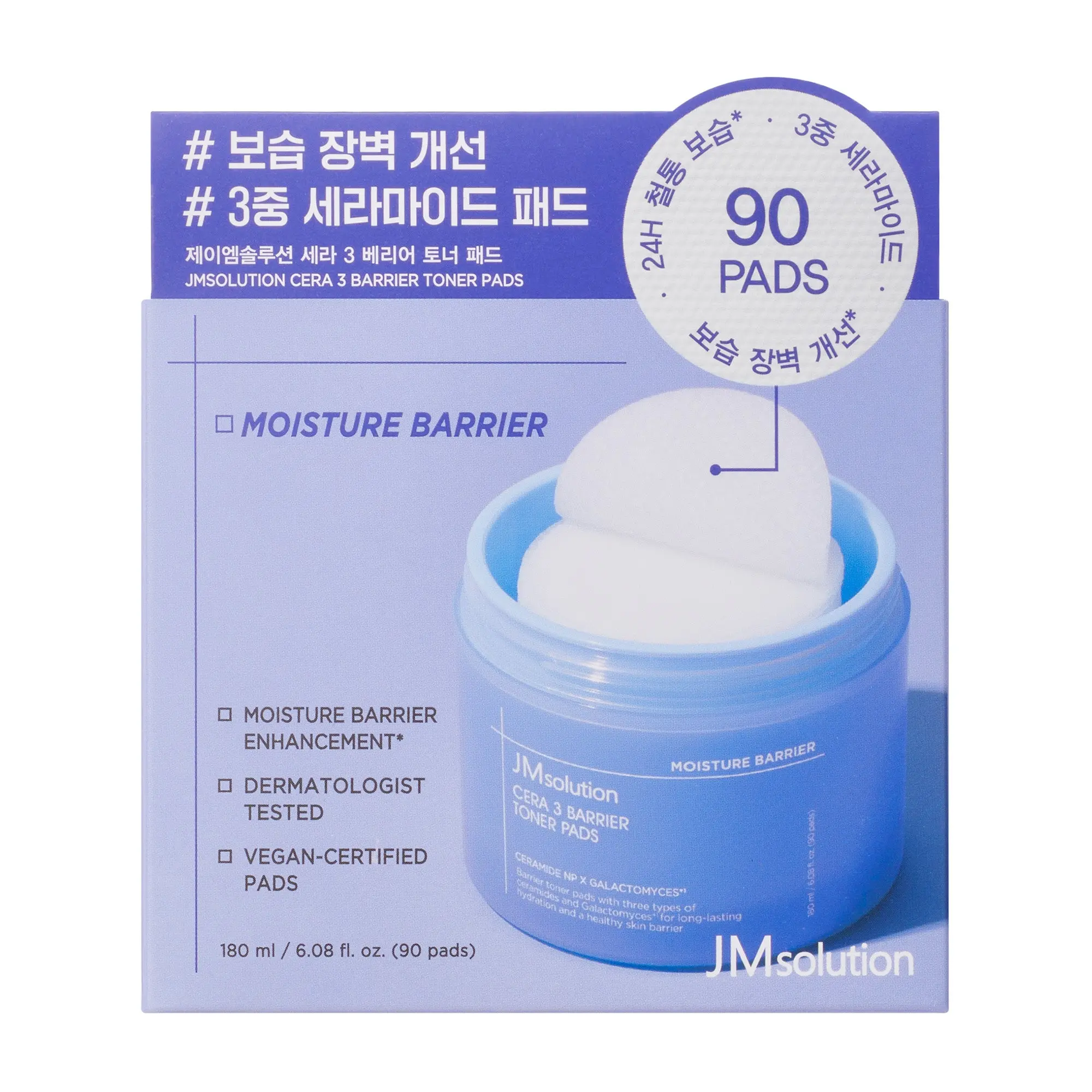JMsolution Cera 3 Barrier Toner Pads - Moisture Barrier Enhancement, 3 Types of Ceramides, Vegan-Certified, 90 Pads