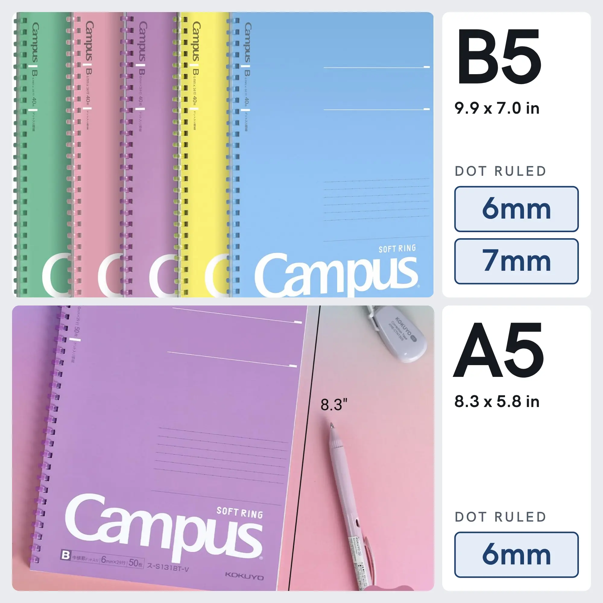 KOKUYO Soft-Bound Spiral Notebooks, 5-Pack Stationery Supplies Assorted Colored B5 (10''x7'') 7mm Ruled 40-Sheet 1-Subject Campus Notebooks for School Note Taking (SU-S111AT), Assorted Colored Notebooks