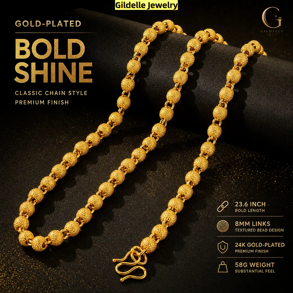 Gildelle 24K Real Gold-Plated Copper Textured Bead Link Chain Necklace, 23.6-Inch 8mm, 58g Unisex Statement Jewelry
