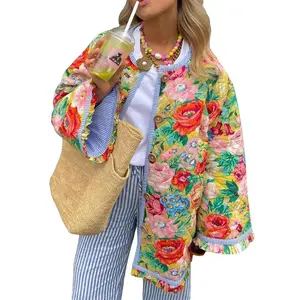 Women Winter Loose Quilted Jacket Floral Print Button Down Long Sleeve Padded Coat Warm Outwear Womenswear CasualUNAL