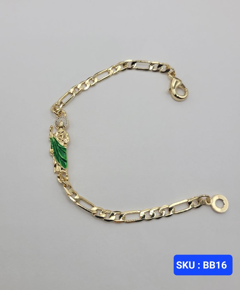 San Jude Bracelet Laminated-Gold Green & Gold Color 6 Inches Adjustable Size for Small Kids Babies Comfortable Everyday Wear Versatile Design SKU BB16
