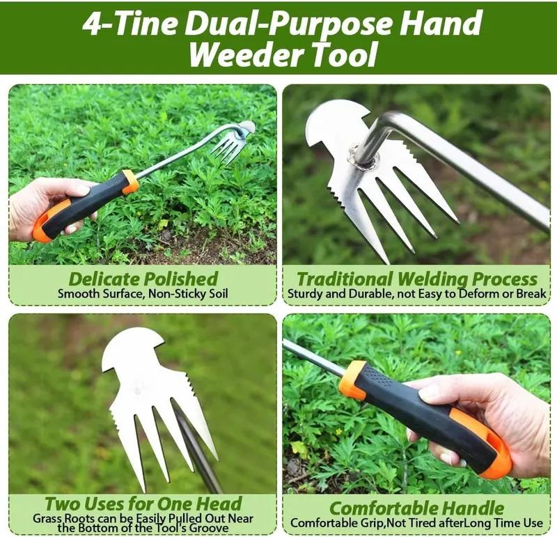 Weed Puller Tool 4 Teeth Manganese Steel Ergonomic Rubber Handle Portable Garden Weeder Tool for Vegetable Gardening Farm Planting Gifts
