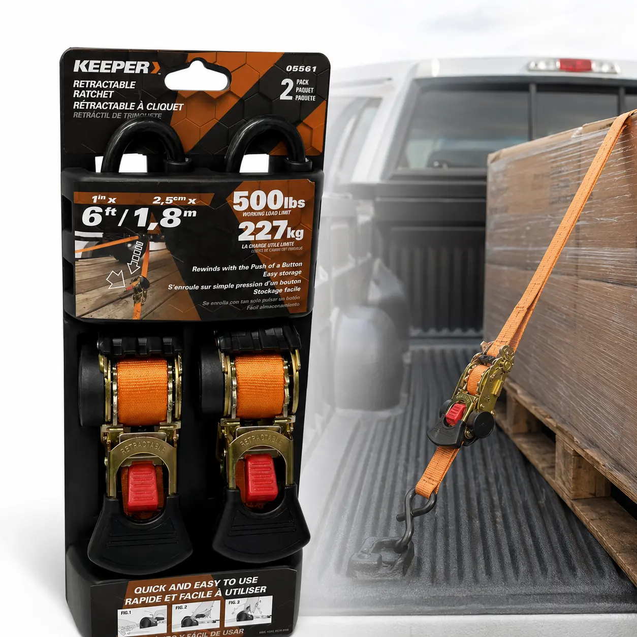 Keeper 1 in. W X 6 ft. L Orange Retractable Tie Down Strap 500 lb 2 pk, push-button retract, self-storing webbing, no tangles, easy storage, Hi-Test webbing, high tenacity yarn, heavy-duty strap,cargo strap,ratchet strap,tie down straps,truck tie-downs