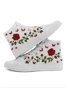 Rose Print High Top Canvas Sneakers, Fashionable Lace Up Front Sneakers for Women, Casual Comfortable Sports Shoes for Daily Wear