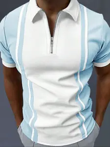 Men's Patchwork Striped Print Zipper Polo Shirt, Regular Fit Fashionable Casual Short Sleeve Collared Top for Summer, Fashion Men's Clothes for Daily Wear, Tropical, Fitted, Casual Polo Shirts