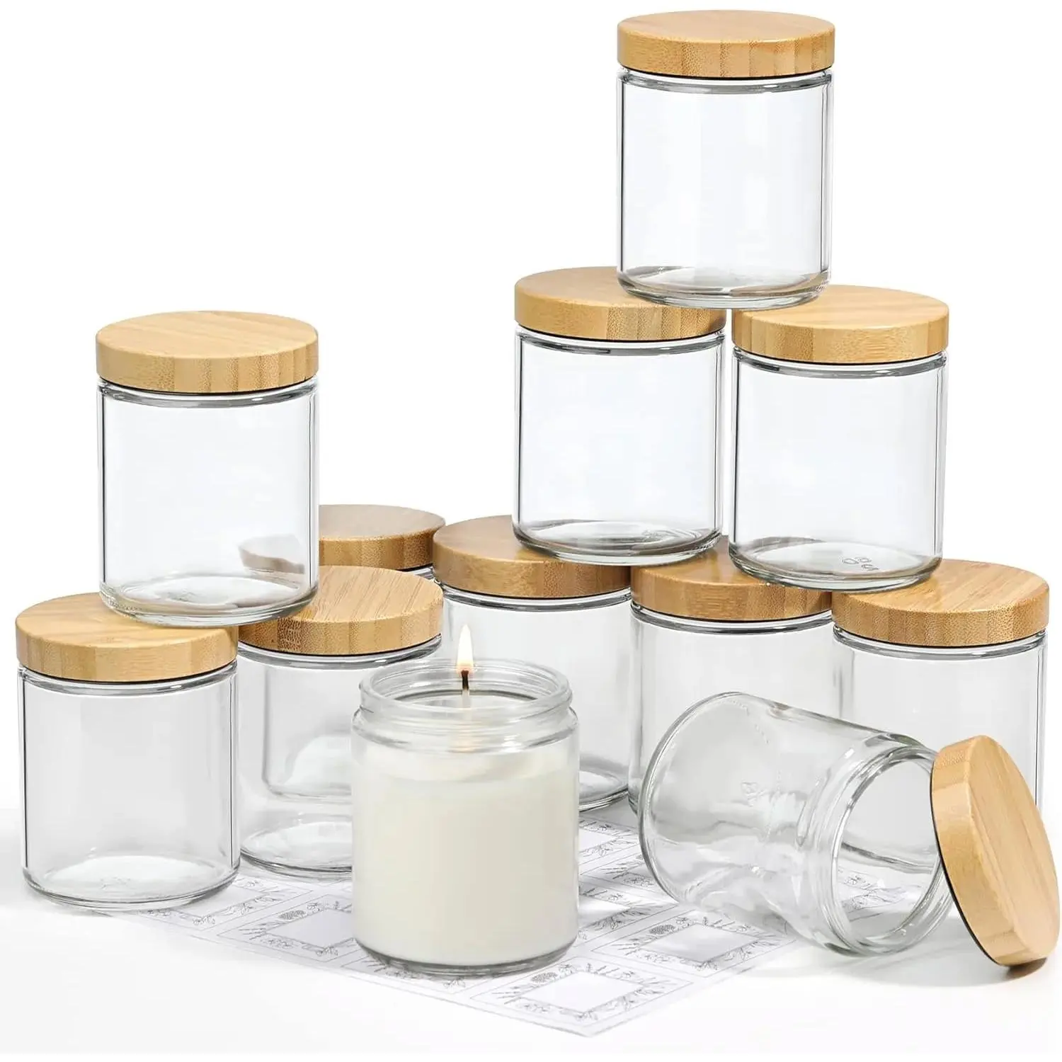 12 Pack Thick Glass Candle with Bamboo Lids - 8 OZ, Bulk Clear Round Glass Candle Jars for Making Candles, Empty Food Storage Containers, Canning Jars for Spice, Powder, Liquid Canister Bottles