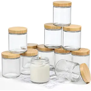 12 Pack Thick Glass Candle with Bamboo Lids - 8 OZ, Bulk Clear Round Glass Candle Jars for Making Candles, Empty Food Storage Containers, Canning Jars for Spice, Powder, Liquid