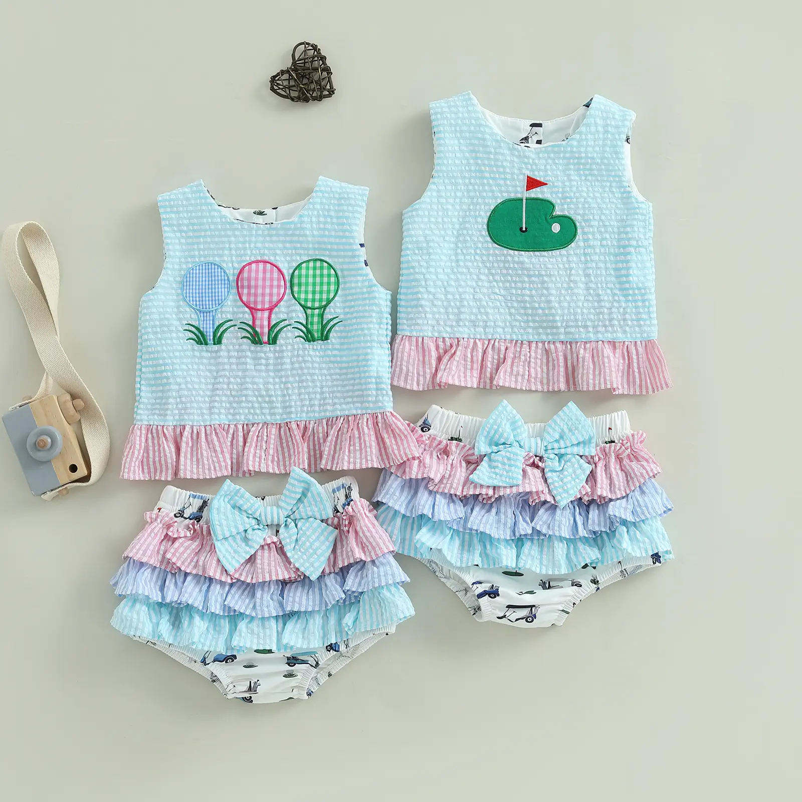 Afunbaby Toddler Infant Baby Girl Summer 2Pcs Outfits Set Sleeveless Golf Embroidery Tank Tops + Ruffle Tutu Shorts Clothes Set