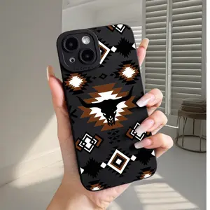 A Black And Ivory White TPU Phone Case with a Western Bullhead Geometric Pattern, Compatible with Iphone Iphone 16, 15, 14, 13, 12, 11, XS, XR, X, 8, 7 Mini Plus Pro Max SE Series. A Perfect Gift for Friends, Girlfriends, Boyfriends, Family, Or Yourself.,